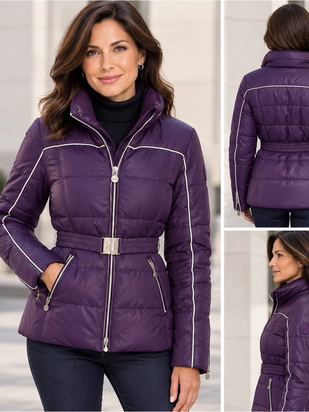 Coach Women's Belted Down Puffer Jacket - Purple with Silver Piping - Medium